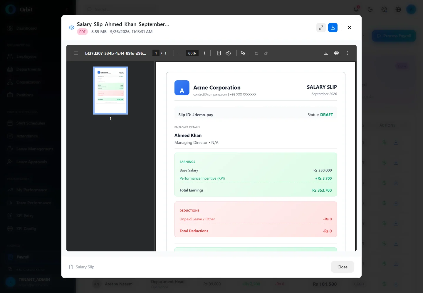 Orbit Administrator salary slip preview screen in a fictional example workspace