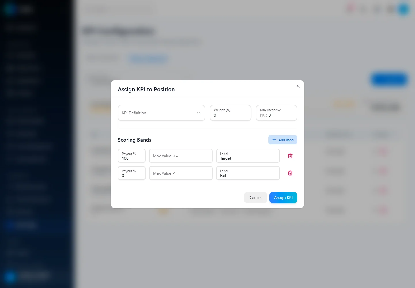 Orbit Assign Kpi And Scoring Bands screen in a fictional example workspace