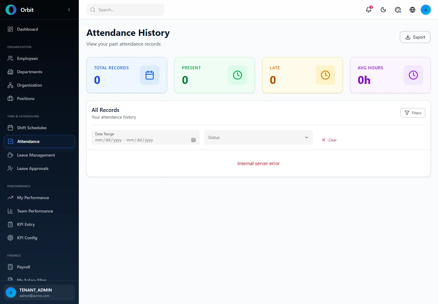 Orbit Attendance Filters screen in a fictional example workspace