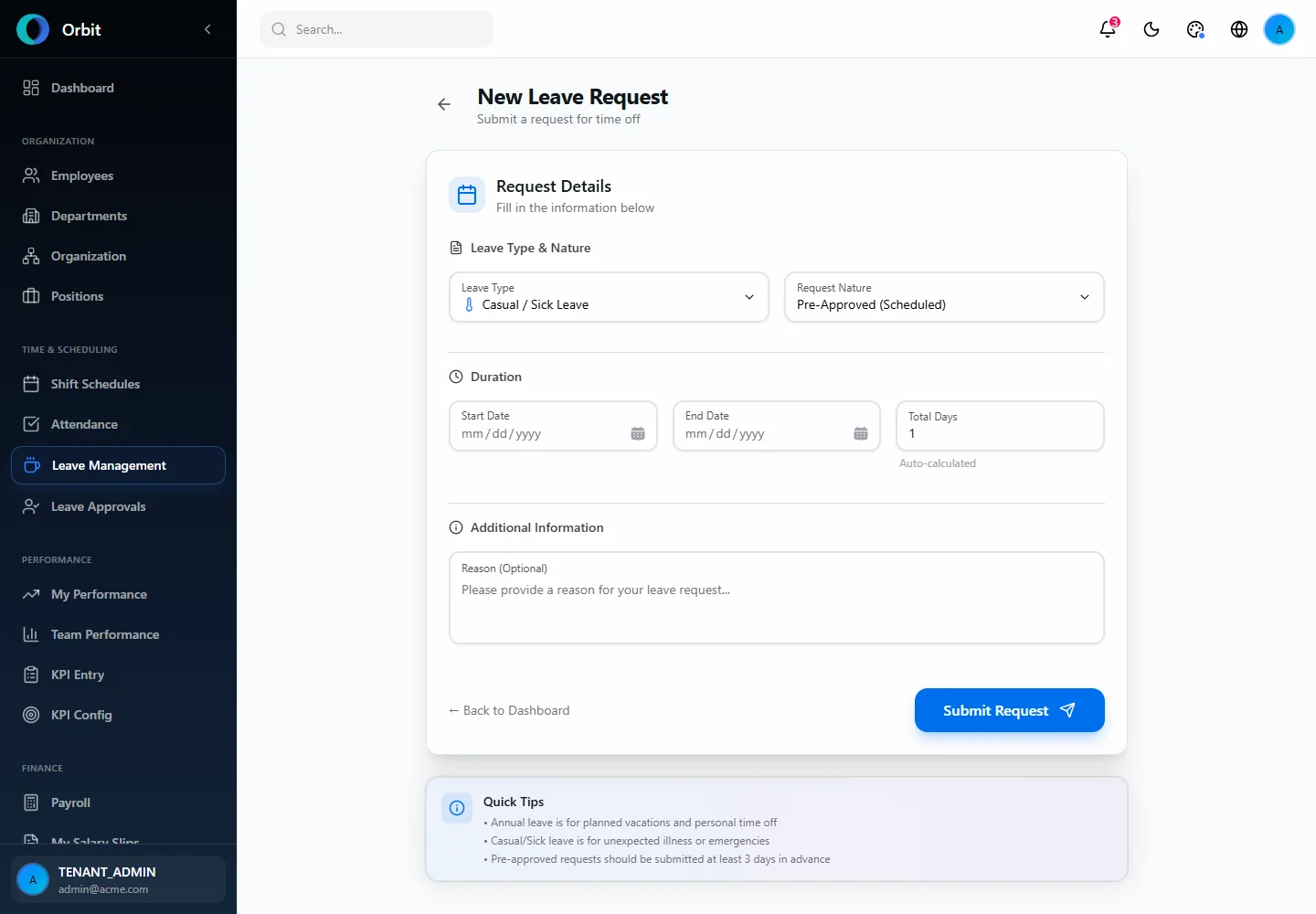 Orbit Casual And Sick Leave Request screen in a fictional example workspace