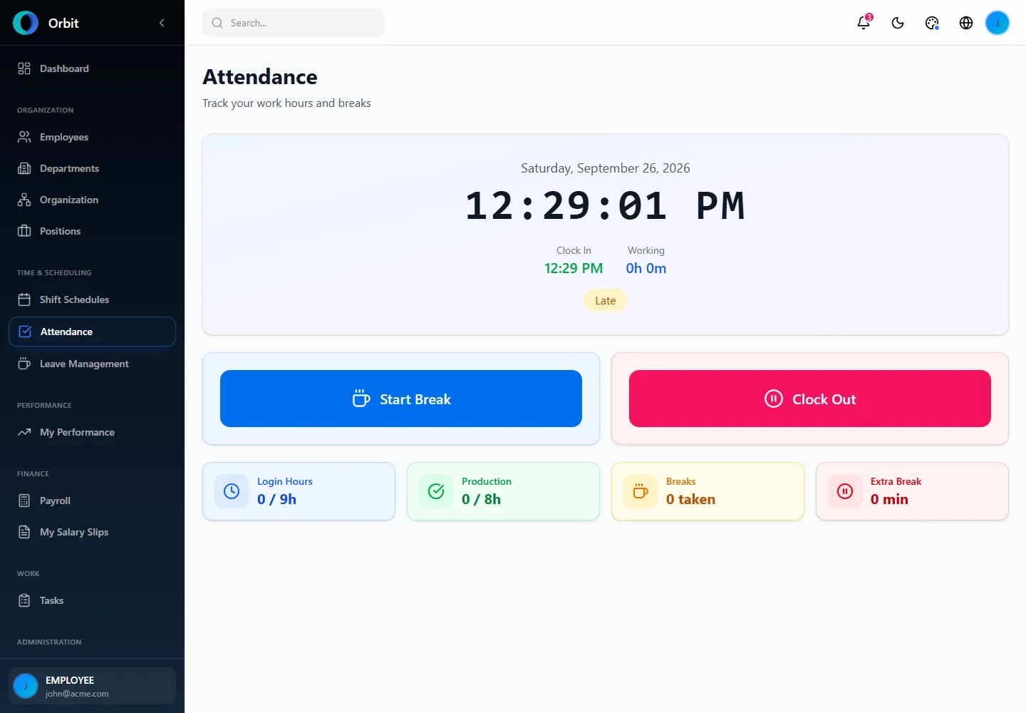 Orbit Clocked-in state and active-shift timer screen in a fictional example workspace