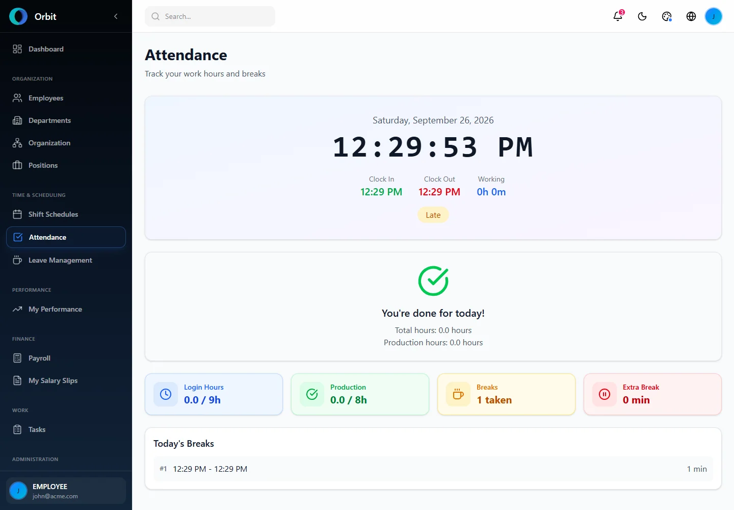 Orbit End-of-day attendance summary screen in a fictional example workspace