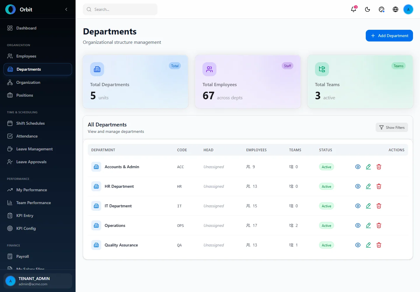 Orbit Departments used to organize the workforce screen in a fictional example workspace
