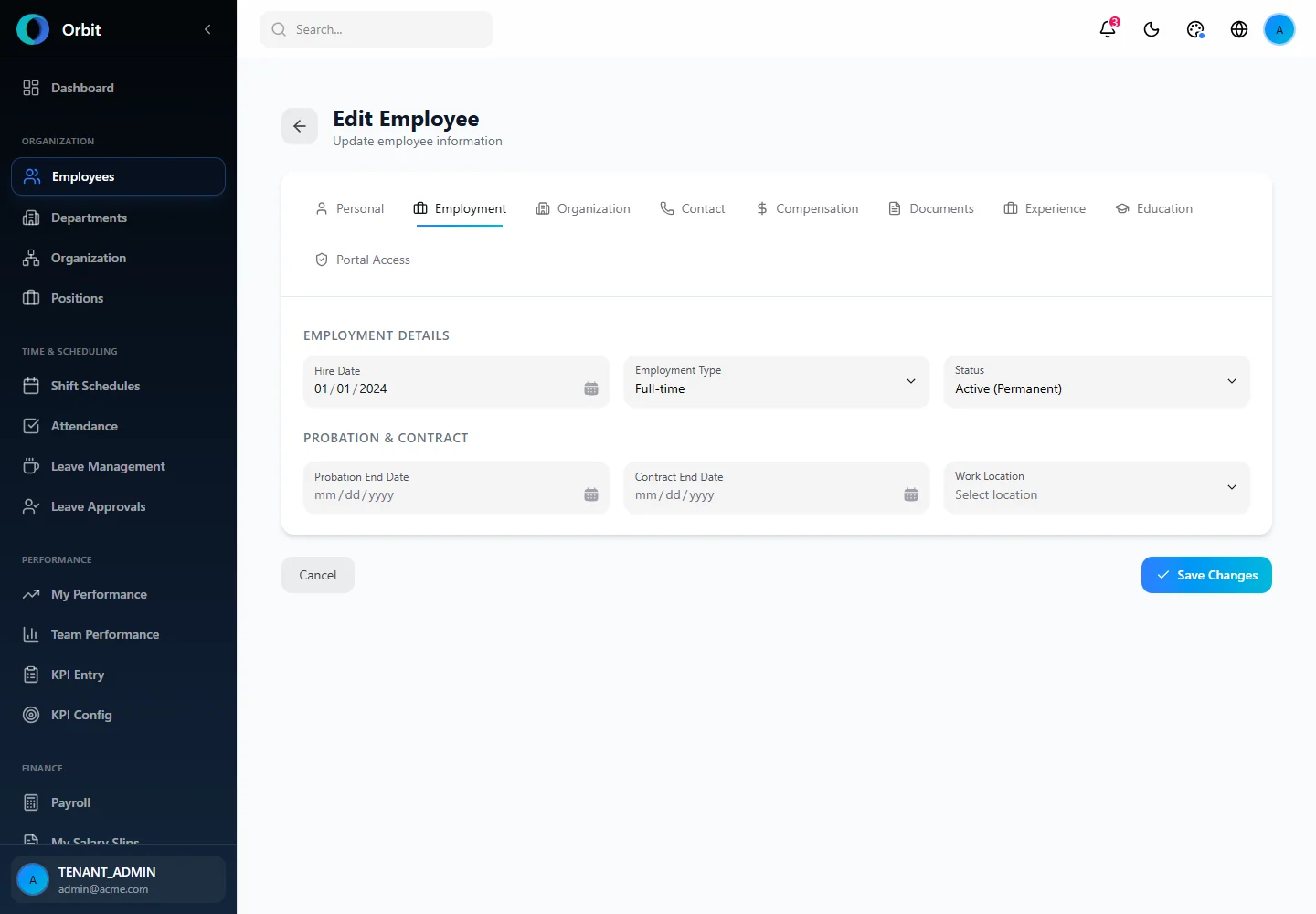 Orbit Employment details tied to the employee profile screen in a fictional example workspace