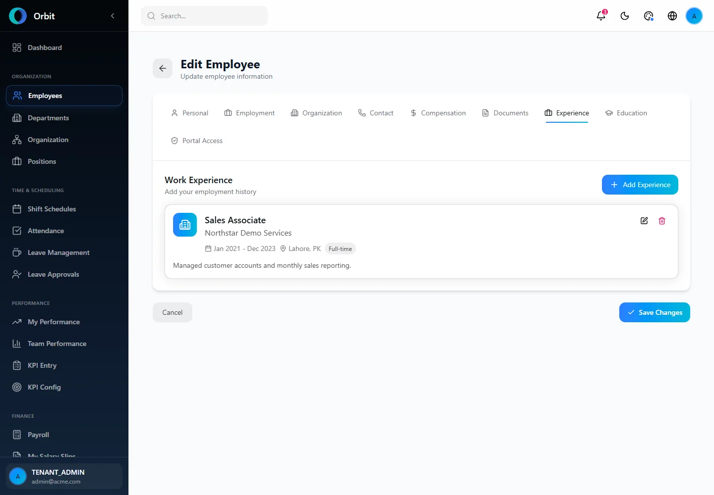Orbit Edit Employee Experience screen in a fictional example workspace