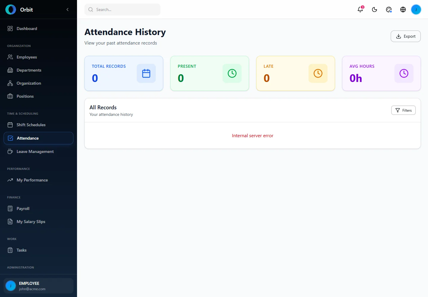 Orbit Filterable attendance history screen in a fictional example workspace