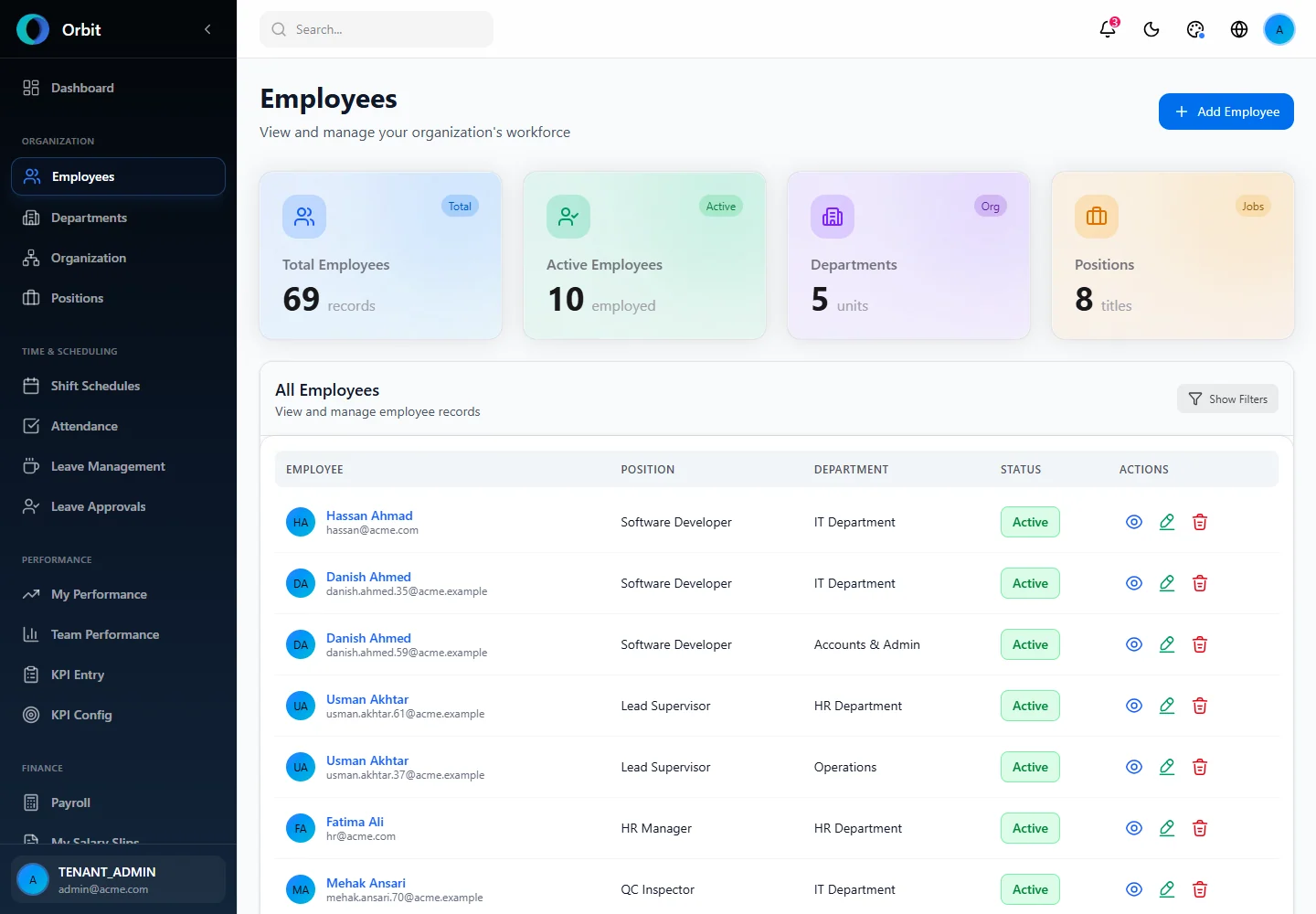 Orbit Searchable employee directory with position, department, and status context screen in a fictional example workspace
