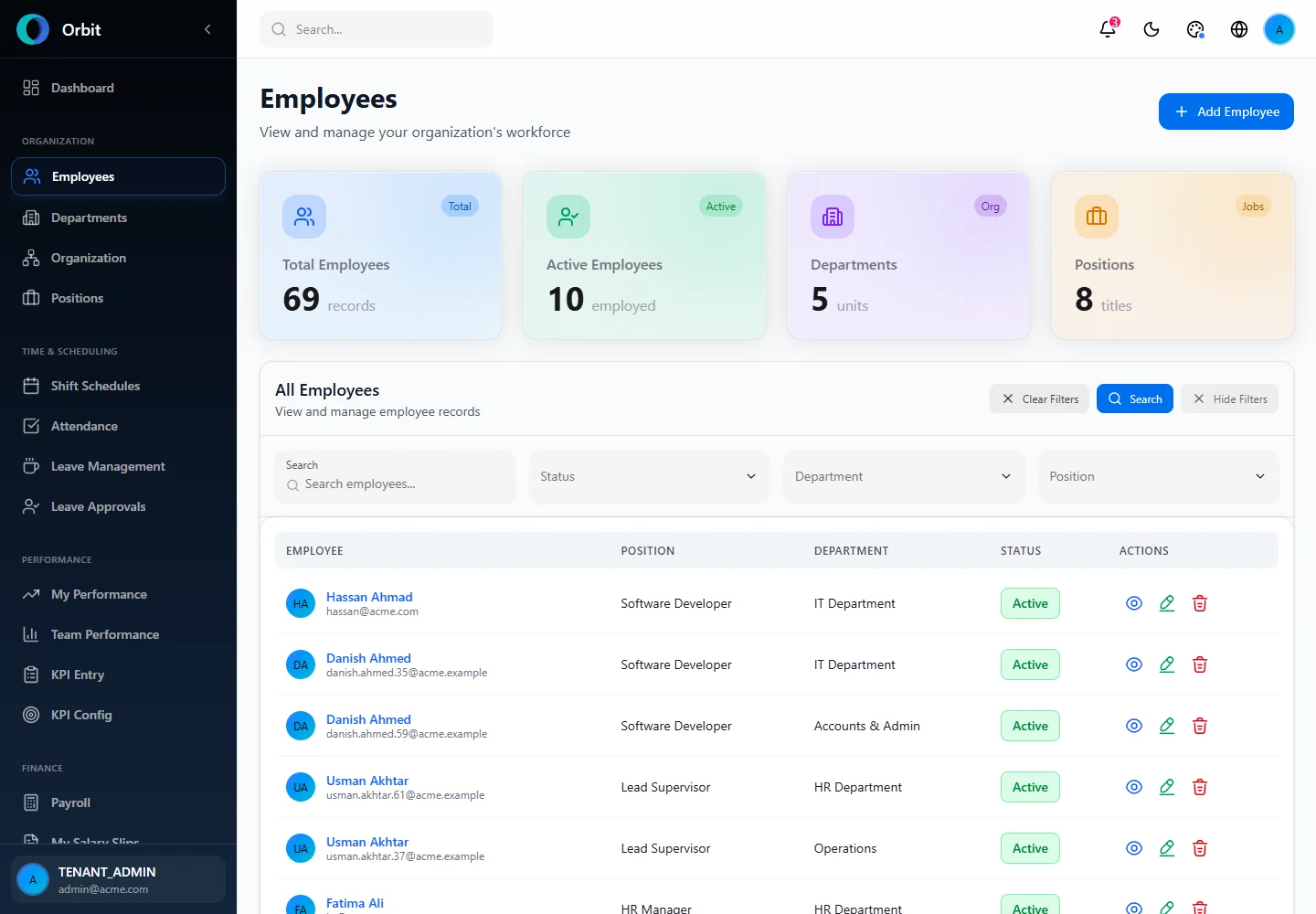Orbit Employee Filters screen in a fictional example workspace