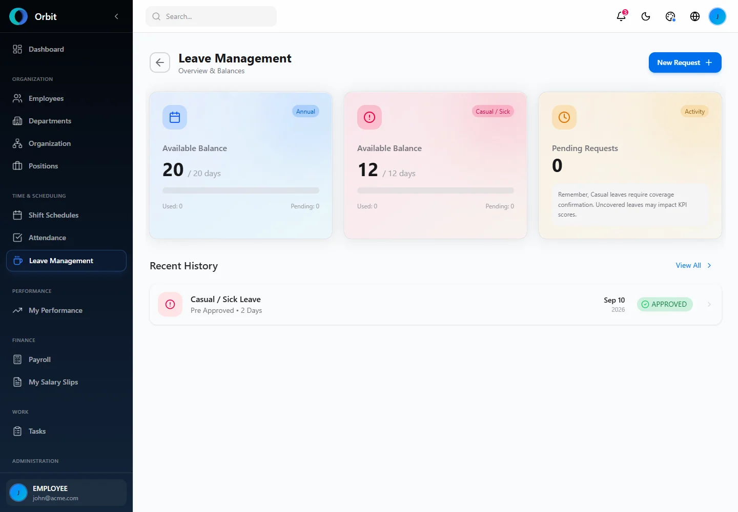 Orbit Personal leave balance before requesting time off screen in a fictional example workspace