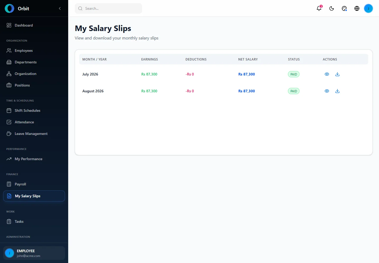 Orbit Employee history of paid slips screen in a fictional example workspace