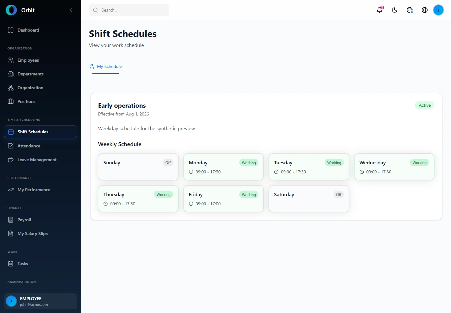 Orbit An employee’s personal schedule screen in a fictional example workspace
