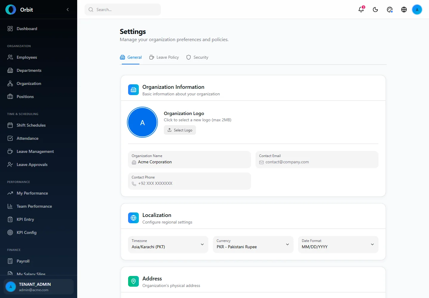 Orbit General organization settings screen in a fictional example workspace