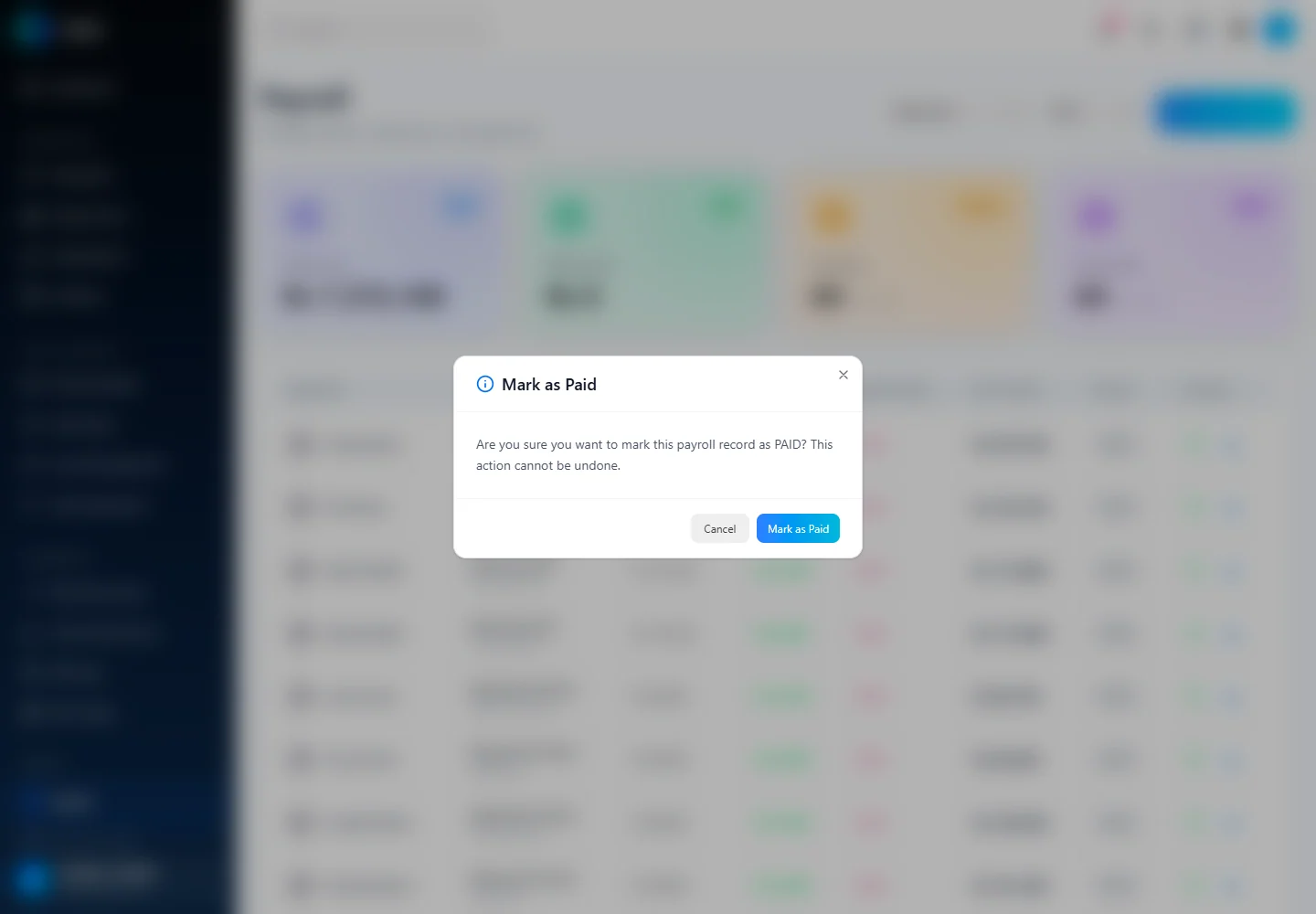 Orbit Mark Payroll As Paid Confirmation screen in a fictional example workspace