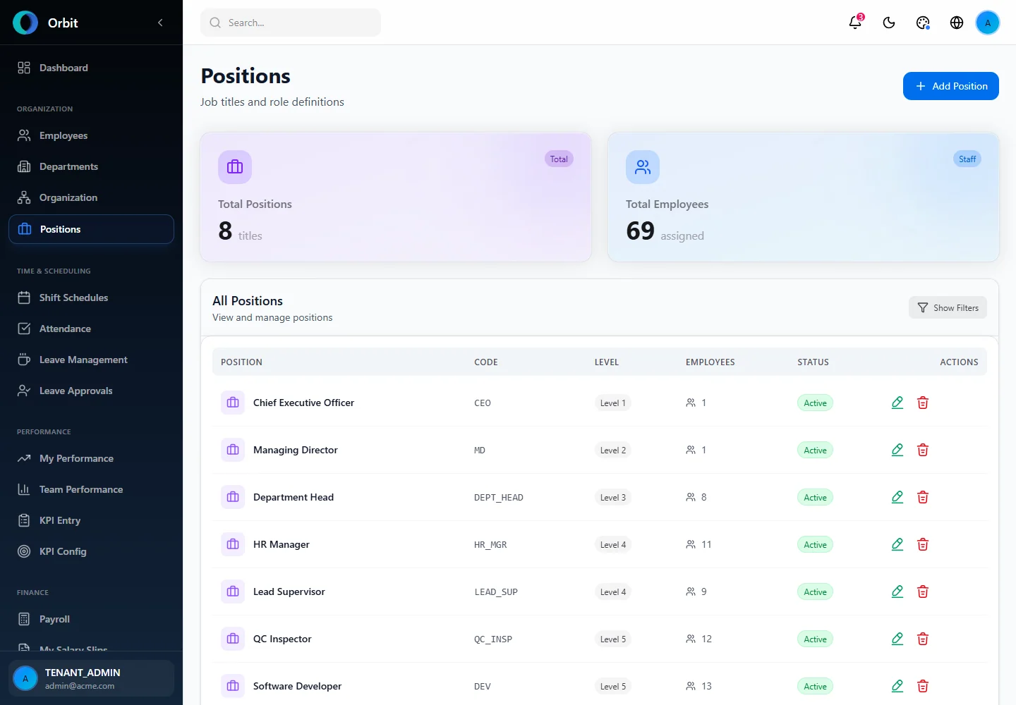 Orbit Positions screen in a fictional example workspace