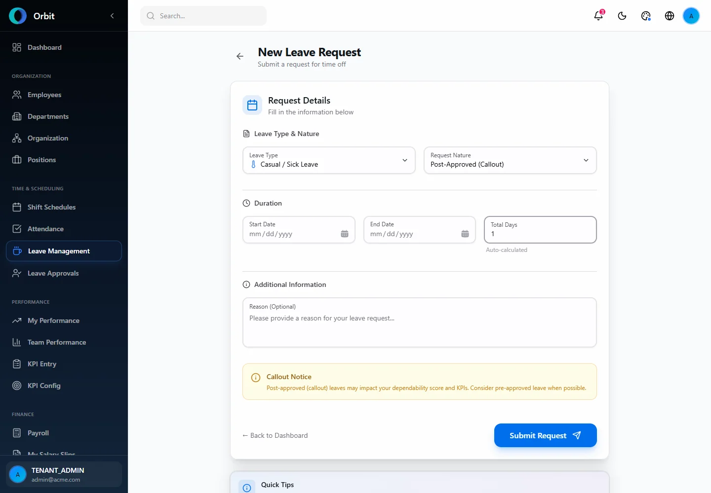 Orbit Post Approved Callout Request screen in a fictional example workspace