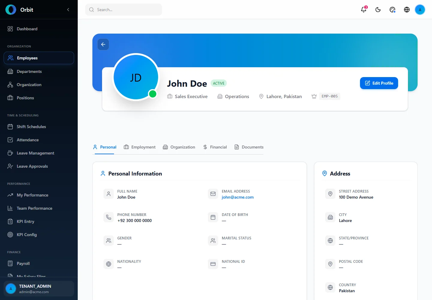 Orbit Employee profile details in one record screen in a fictional example workspace