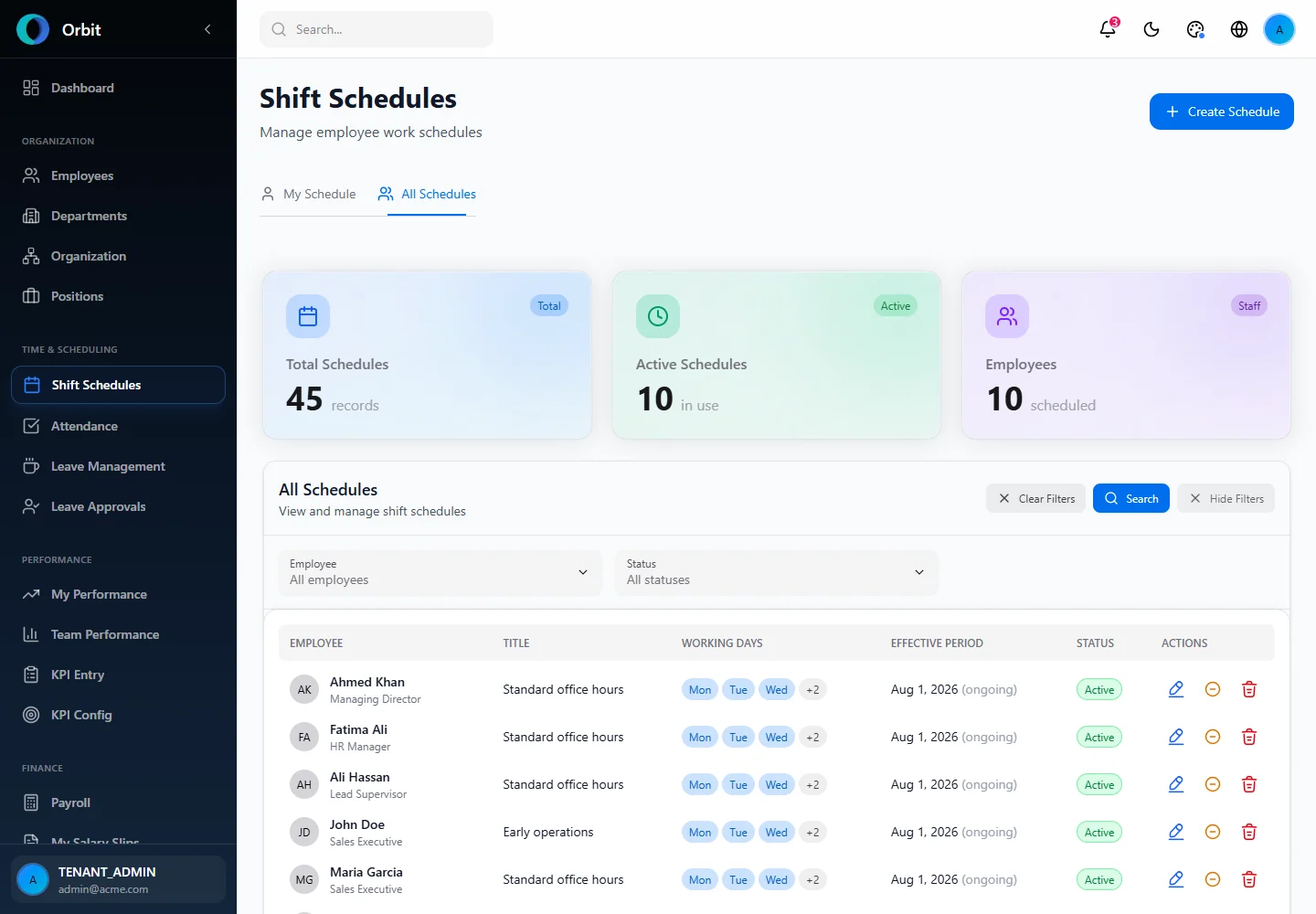 Orbit Schedule Filters screen in a fictional example workspace