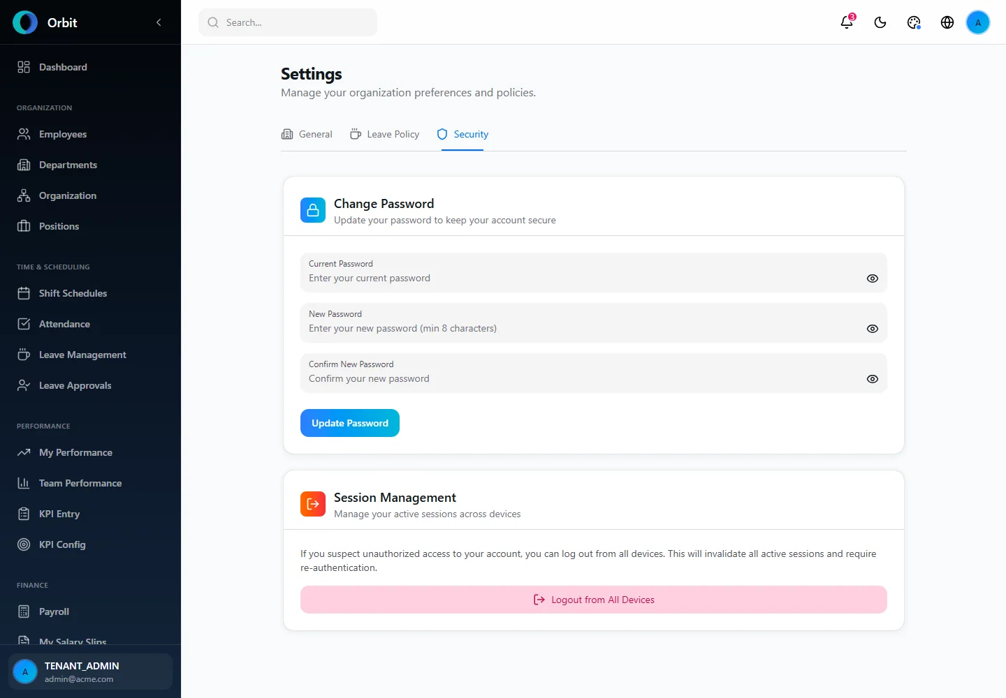 Orbit Account security and sessions screen in a fictional example workspace