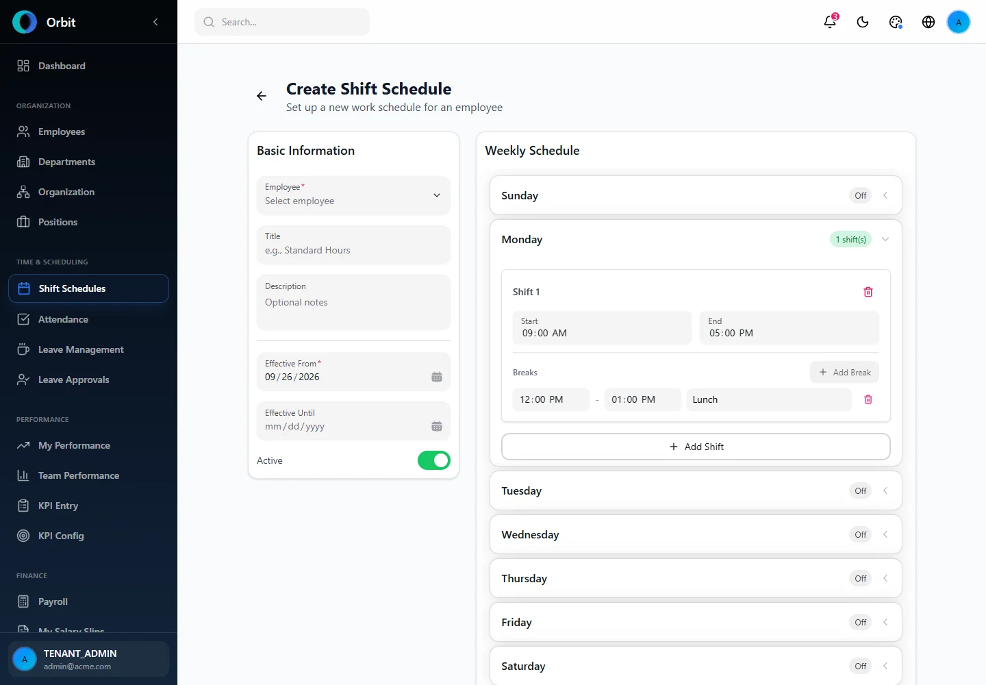 Orbit Planned breaks within a shift screen in a fictional example workspace