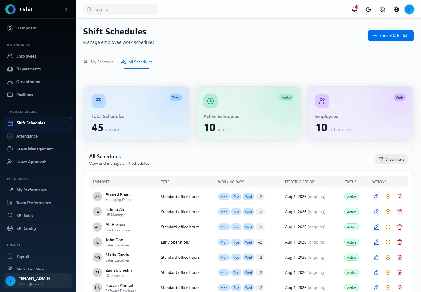 Orbit Team schedule overview screen in a fictional example workspace