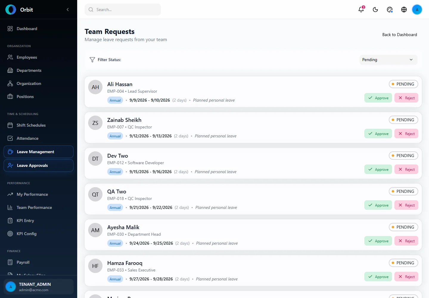 Orbit Direct-manager approval queue screen in a fictional example workspace