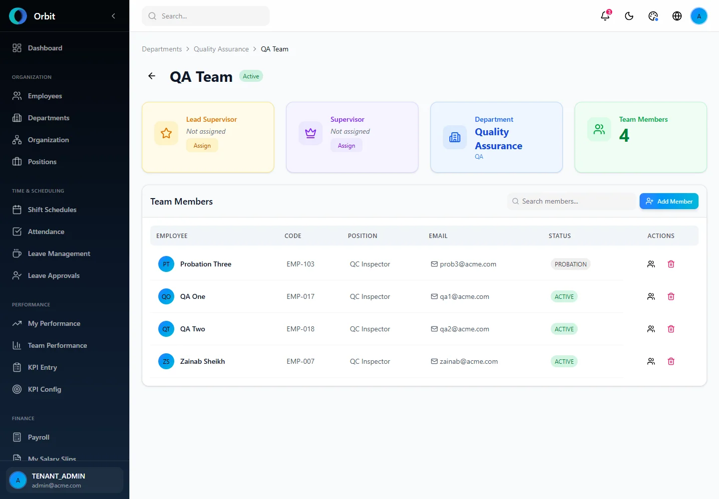 Orbit Team membership and leadership details screen in a fictional example workspace