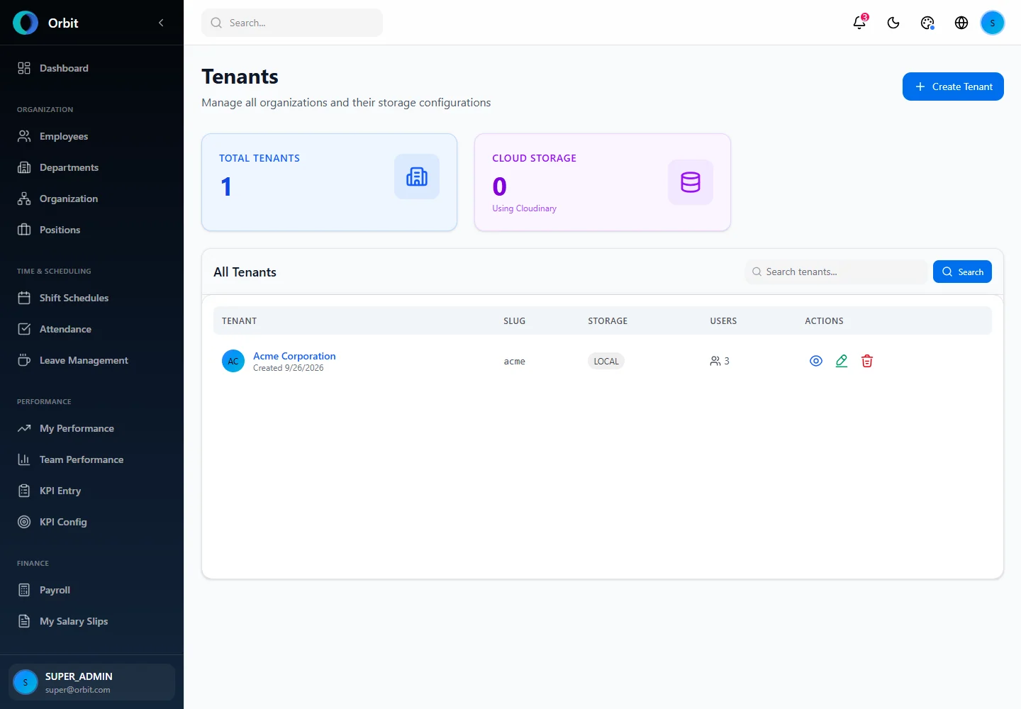 Orbit Tenant administration screen in a fictional example workspace