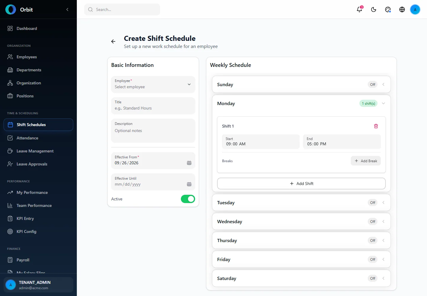 Orbit Weekly shift start and end time editor screen in a fictional example workspace